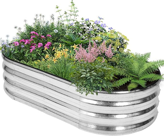 Galvanized Raised Garden Bed Outdoor - 4×2×1ft Planter Raised Beds for Gardening | Oval Metal Garden Planter Box with Safety Edging and Gloves for Vegetables Fruits and Flowers (Silver)