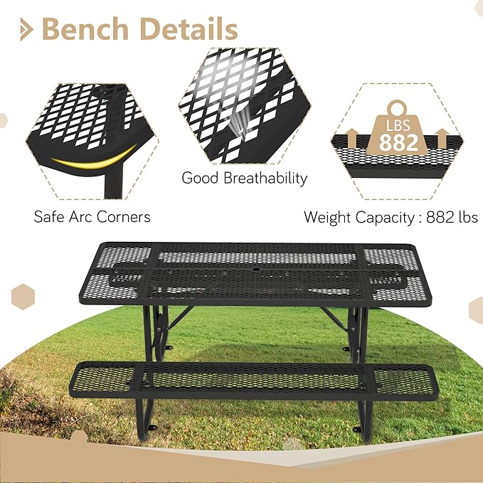 72'' Steel Rectangular Picnic Table for Outdoors, Expanded, Lifetime Picnic Table with Umbrella Hole, Heavy Duty Sturdy Commercial Picnic Tables for Garden Courtyard BBQ, Black