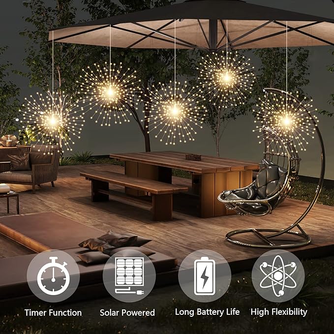 4 Pcs 800LED Solar Starburst Sphere Lights,Firework Lights Remote Control Timer 8 Modes Dimmable Waterproof Hanging Fairy Lights, Sparkly Lights for Patio Garden Tent Outdoor(Warm White)