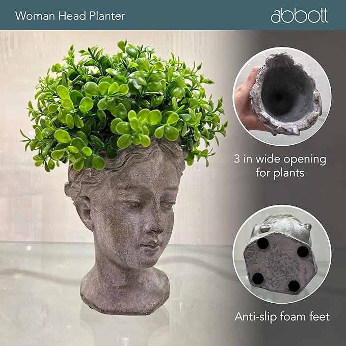 Abbott Collection Goddess Head Planter - Extra Small Cement Indoor and Outdoor Planter Pot - Grecian Woman Statue Head Planter for Flowers and Succulents (Grey, 2.75" Opening)
