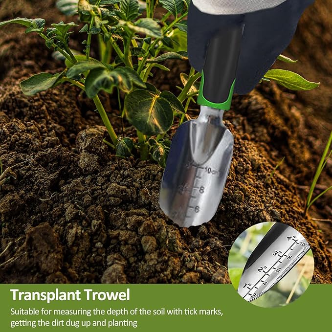 Garden Tool Set, 3 Piece Gardening Tools Includes Garden Trowel, Transplant Trowel and Hand Rake with Non-Slip Ergonomic Handle, Heavy Duty Gardening Kit for Gardening Planting, Gardening Gifts