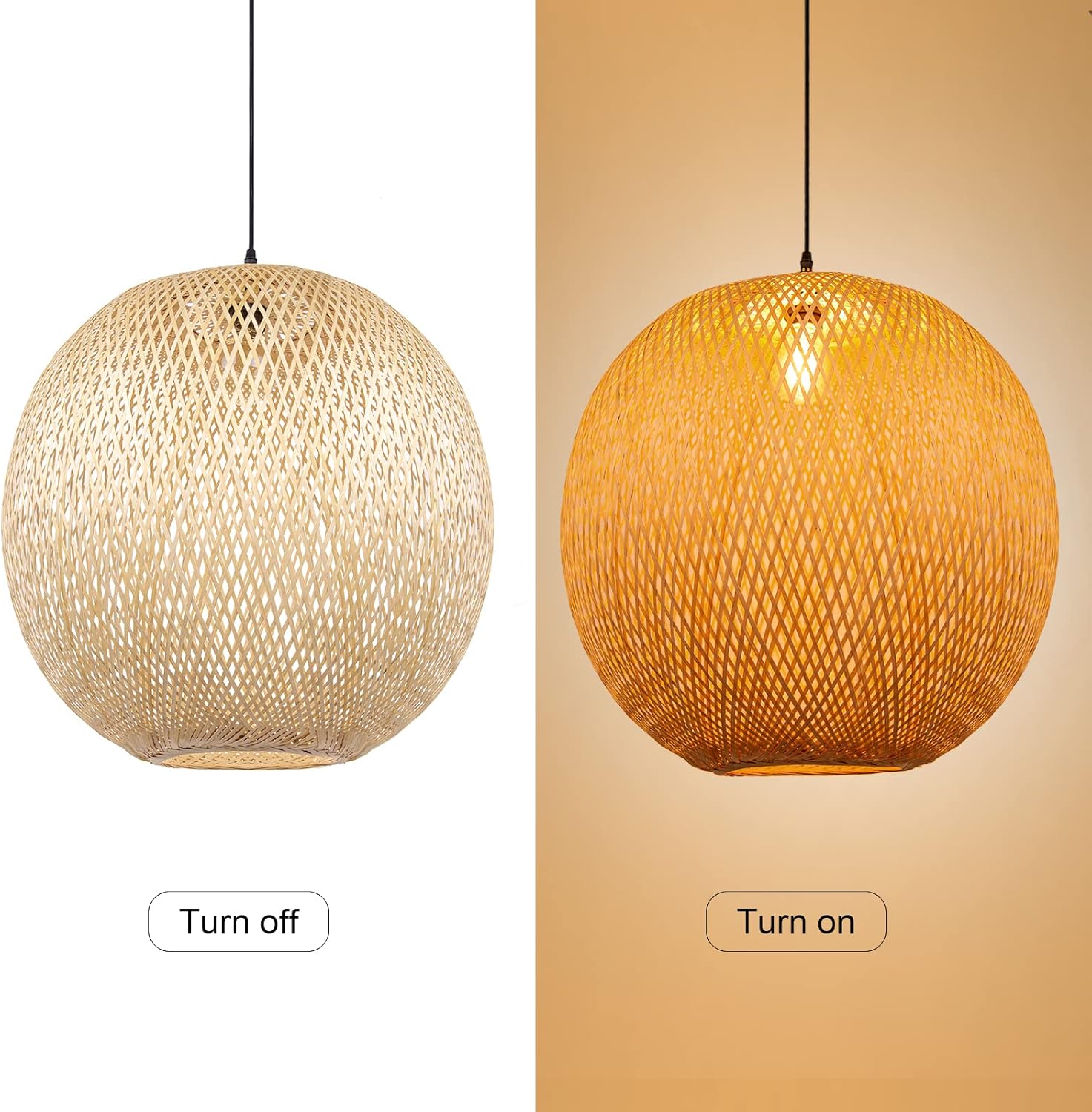 Arturesthome Bamboo Pendant Lighting Fixtures, Round Wicker Chandelier Hand-Woven Boho Basket Lampshade Hanging Ceiling Light for Kitchen Island Living Room
