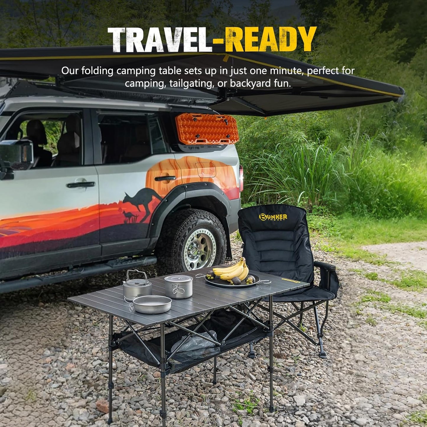 BUNKER INDUST Folding Camping Table, Outdoor Portable Roll-Top Aluminum Table with Carry Bag for Picnic,Beach,BBQ,Backyards, Adjustable Height