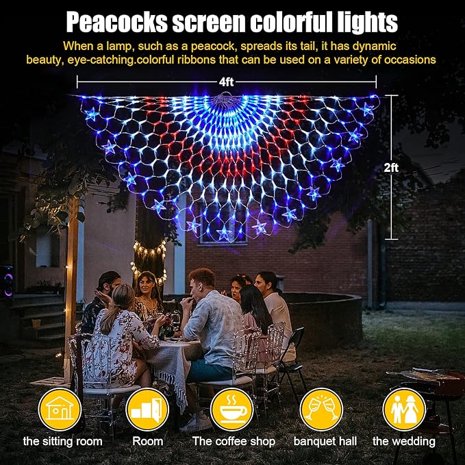 Family Patriotic American Flag String Lights - 250 LED Half Fan Shaped Outdoor Waterproof Lights, 4th of July Decorations, Independence Day, Memorial Day, USA 2pcs