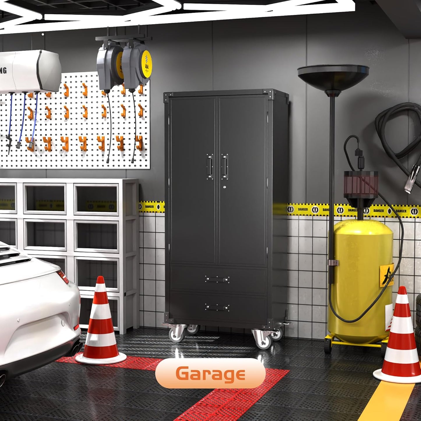 Aobabo Garage Metal Storage Cabinet with Wheels, Lockable Steel Storage Cabinet with 2 Large Drawer and 3 Adjustable Shelves, for Home, Office, Classroom, Black, Assembly Required