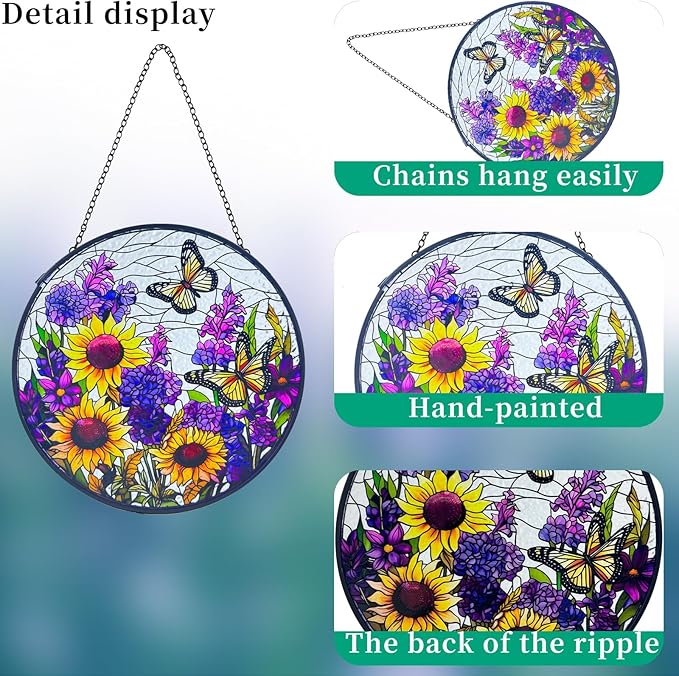 Butterfly Sunflower Stained Glass Suncatchers - Handcrafted Round Glass Art for Windows & Doors Décor - Decoration for Home Garden Christmas Party Wedding Housewarming Gifts