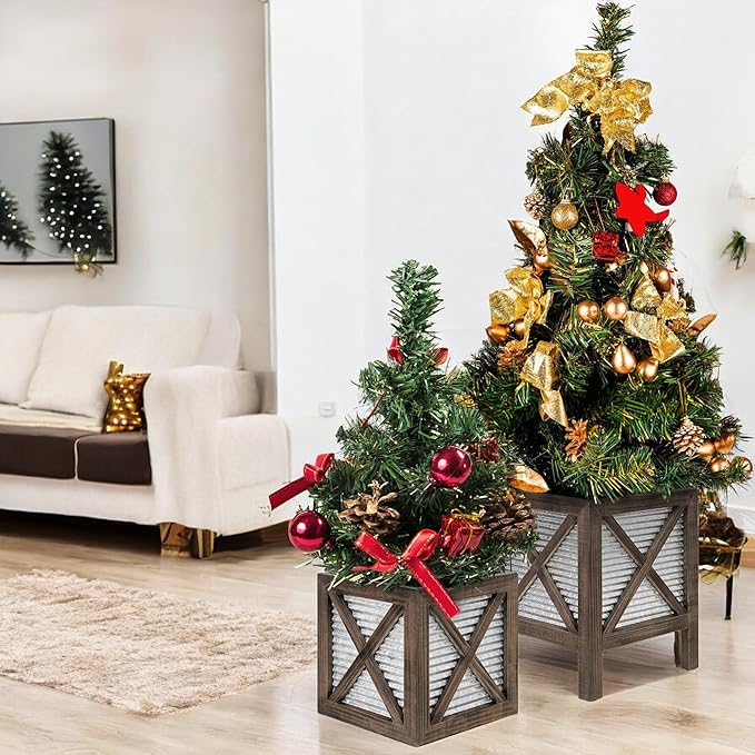 Autumn Alley Farmhouse Front Porch Planters Set of 2 Stand with Galvanized Corrugated Metal Planters for Outdoors/Indoors - Rustic Wood Square Planters Box on Legs – Charming Farmhouse Décor, Brown