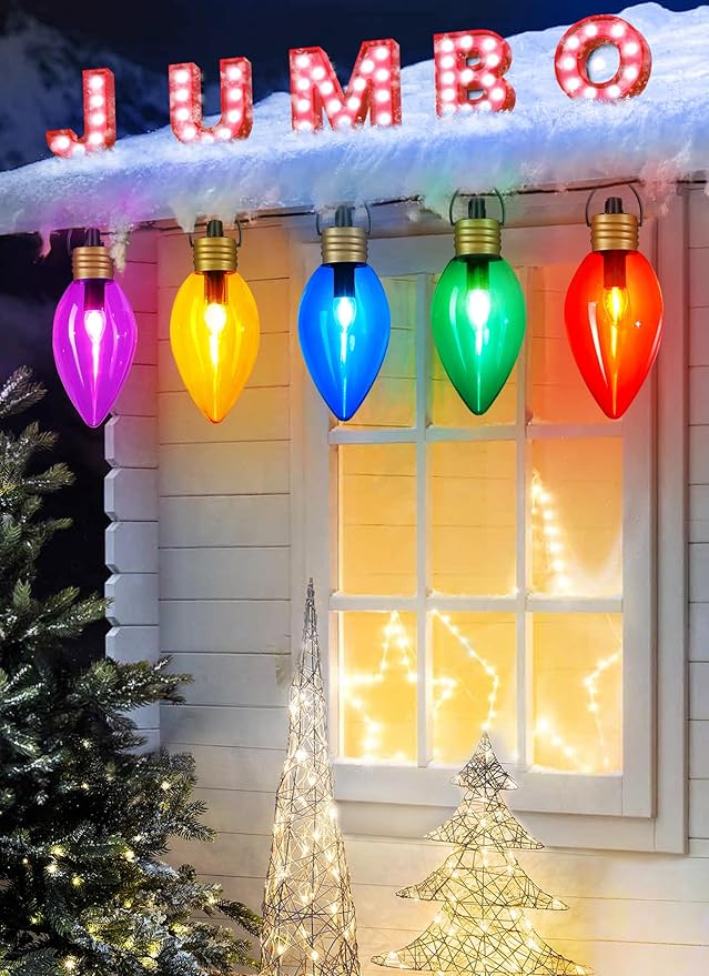 Brightown Super Jumbo C9 Christmas Pathway Lights Outdoor - 2 Pack 11 Feet 5 LED Jumbo C9 Pathway Lights, Jumbo Colored Light Bulb Christmas Lights Outdoor Decorations for Lawn Holiday Yard Multicolor