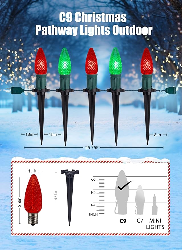 C9 LED Christmas Lights Outdoor with stakes, 25.7ft 20 LED Strawberry String Lights, Connectable Shatterproof Pathway Lights Marker for Path, Lane, Patio, Xmas Holiday Decorations, Red and Green