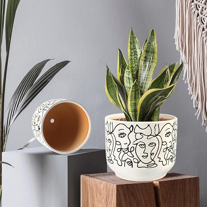 Docrin Plant Pots Indoor with Drainage : 6.6+5.4 Inch Ceramic Flower Pots for Plants - Set of 2 Modern Decorative Face Planters for House/Office/Gift - /Black and White