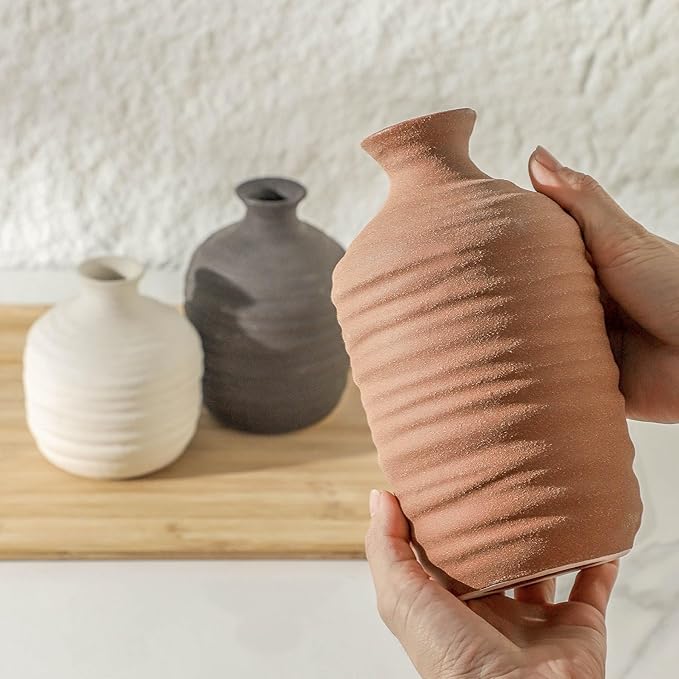 Ceramic Vase Set of 3 Decorative Vase for Home Decor Modern Farmhouse Decor Pottery Neutral Vases for Living Room Bathroom Table Mantel Fireplace Entryway Shelf (02-Brown)