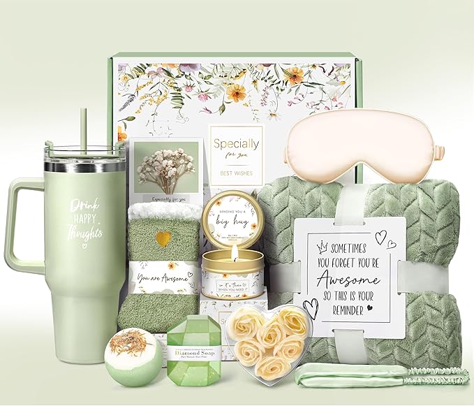 Birthday Gifts for Women Self Care Get Well Soon Gifts, Vanilla Relaxing Spa Gift Basket - Happy Birthday Set w/ Luxury Flannel Blanket & 40 oz Tumbler, Unique Christmas Gift for Mom Her Wife Sister