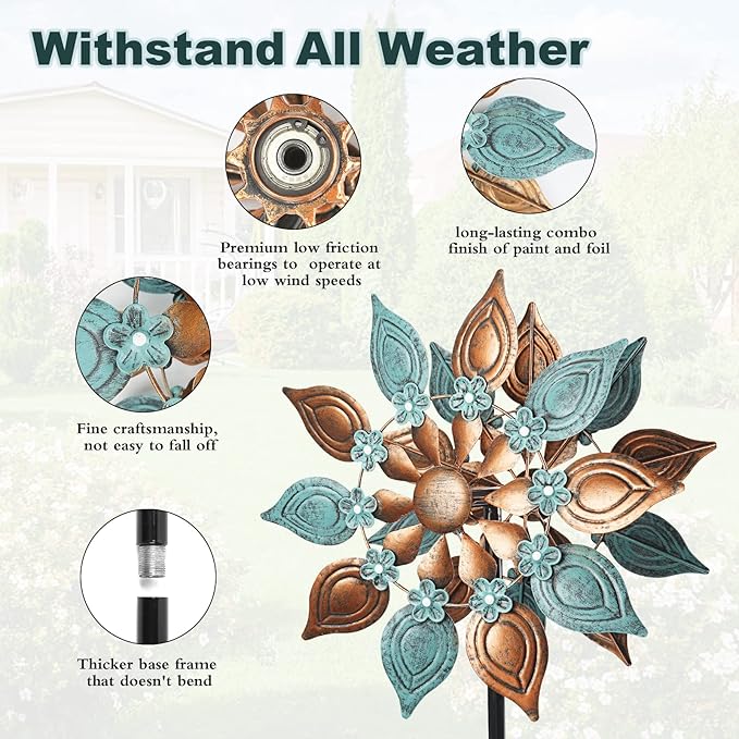 Decoroca Outdoor Wind Spinners Copper - 360 Degrees Metal Swivel Flowers&Leaves Wind Spinners for Patio, Lawn, Yard and Garden - for Classical Style - Festival Outdoor Decor