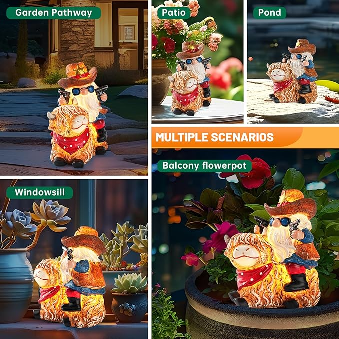 Garden Gnome Statue on Highland Cow with Solar Lights – Funny Outdoor Resin Decor for Patio, Lawn, Yard – Unique Gift for Women, Grandma, Mother's Day, Birthday, Housewarming