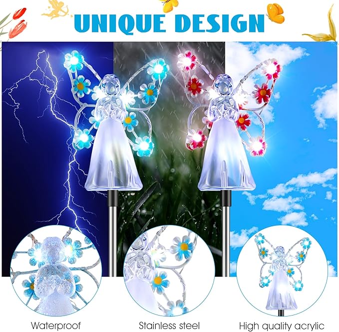 4 Pieces Solar Angel Stake Lights, Multicolor Angel LED Garden Decorations, Multicolor Garden Outdoor Solar Lights, Cemetery Decorations for Grave Yard, Memory Sympathy Gifts Favor