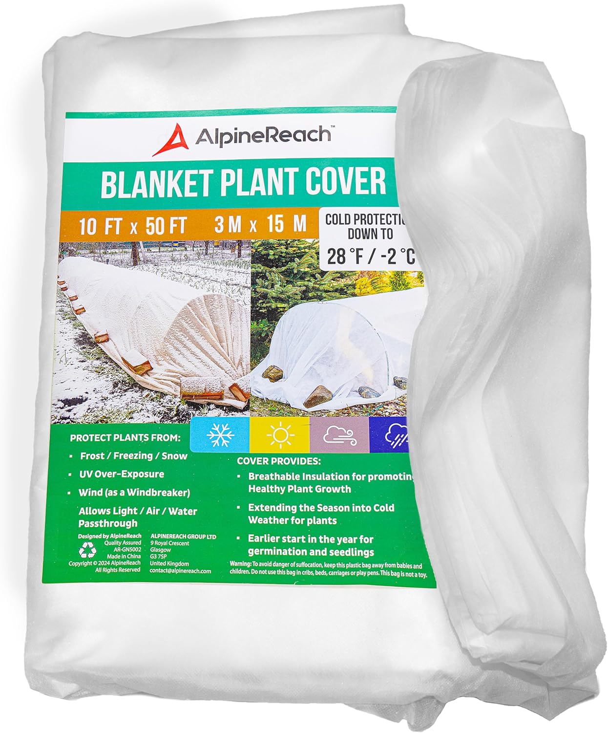AlpineReach Plant Covers Frost & Sun Protection 10 x 50 ft - Thick 1.2 oz/yd² Freeze Blanket to Low 28 °F Temperatures Floating Row, Garden Fabric Material, Protect in Winter Cold, Gardening Down