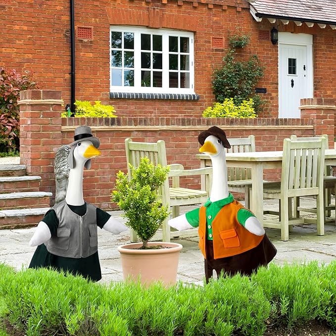 Frienda 2 Set Porch Goose Outfits Clothes 23 Inch Garden Raincoat Flag Bee Fishing Style Goose Costume for Lawn Patio Valentine's Day Decor