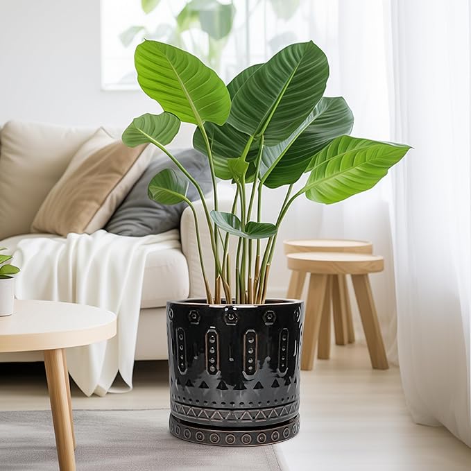 Ceramic Planter for Indoor Plants - 10 Inch Plant Pots with Drainage Hole and Saucer, Round Decorative Flower Pots Outdoor, Boho Large Planter, Room Decor, House Warming Gifts, Black