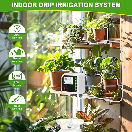 Automatic Plant Water Indoor, 15 Potted Plants Self Watering System, Automatic Drip Irrigation Kit Plant Watering Devices Programmable Water Timer, LED Display and Power Supply