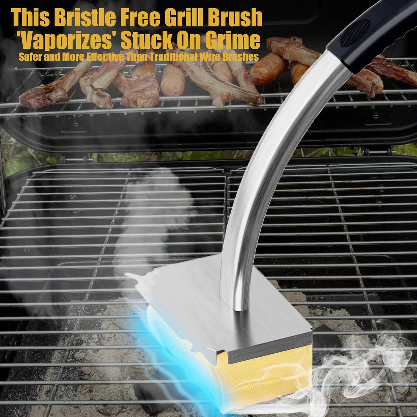 Grill Brush Bristle Free,Long Handle Steam Grill Brush for Outdoor Grill,BBQ Safe Grill Cleaner Brush,Includes 2 Replaceable Heads for Easy Grill Maintenance Black