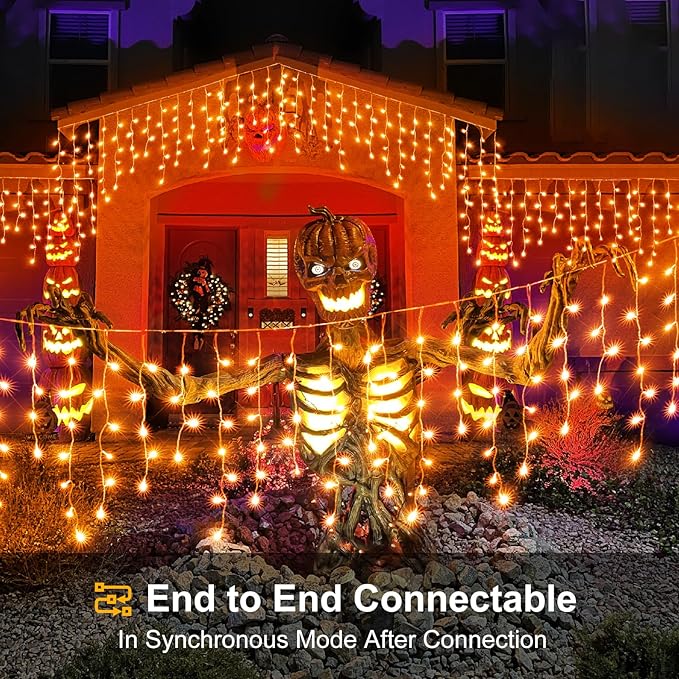 66ft Icicle Lights for Outside, Orange Christmas Lights Outdoor Indoor 640 LED Twinkle String Lights with 120 Drops Clear Wire Short Curtain Lights for Room Home Wall Bedroom Decor