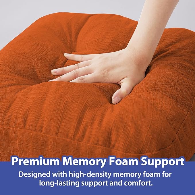 Chair Cushions for Dining Chairs, Dining Chair Cushions, Tufted Indoor Chair Pads with Ties & Non Slip Backing, Seat Cushions for Kitchen Chairs 16.5” x 16.5” x 3.5”, Set of 4, Orange