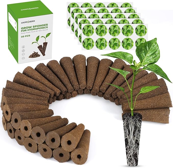 Ahopegarden 50pcs Hydroponic Pods Kit: Compatible with AeroGarden Herb Kits with 50 Grow Sponges; 50 Pods Lable, Highly Breathable - Indoor Garden Kit Supplies for Most Brands