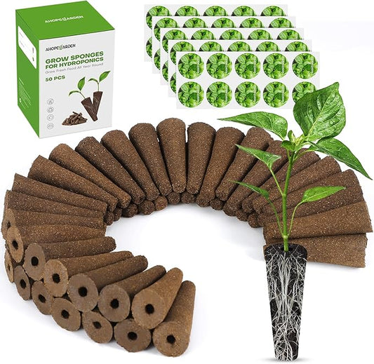 Ahopegarden 50pcs Hydroponic Pods Kit: Compatible with AeroGarden Herb Kits with 50 Grow Sponges; 50 Pods Lable, Highly Breathable - Indoor Garden Kit Supplies for Most Brands
