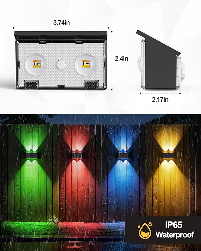 Bridika Solar Fence Lights, 12 Pack Up and Down Solar Lights Outdoor Waterproof, 8 Colors Lens LED Dusk to Dawn Wall Lights for Fence, Patio, Deck, Backyard, Garden
