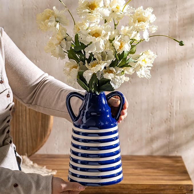 Ceramic Blue and White Checkered Stripes Vase with Handles, Modern Bohemian Floral Navy Blue Vases for Centerpieces, Cottage Core Home Decor, Flower Vases for Bouquet Tabletop Kitchen Bookshelf 8.9 In