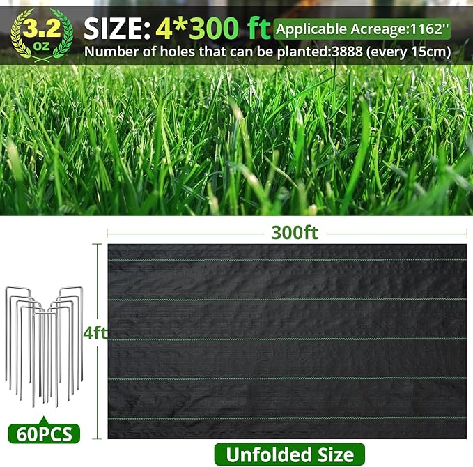 4ft×300ft Garden Weed Barrier Fabric, 3.2oz Premium Weed Blocker with 60 U-Shaped Securing Pegs, Weed Preventer for Gravel, Driveway, Gardening, Farming, Underlayment, Landscape