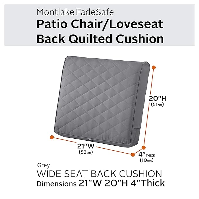 Classic Accessories Montlake FadeSafe Water-Resistant 21 x 20 x 4 Inch Wide Back Patio Quilted Lounge Cushion, Grey