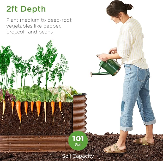 Best Choice Products 4x2x2ft Outdoor Metal Raised Garden Bed, Oval Deep Root Planter Box for Vegetables, Flowers, Herbs, and Succulents w/ 101 Gallon Capacity, Rubber Edge Guard - Wood Grain