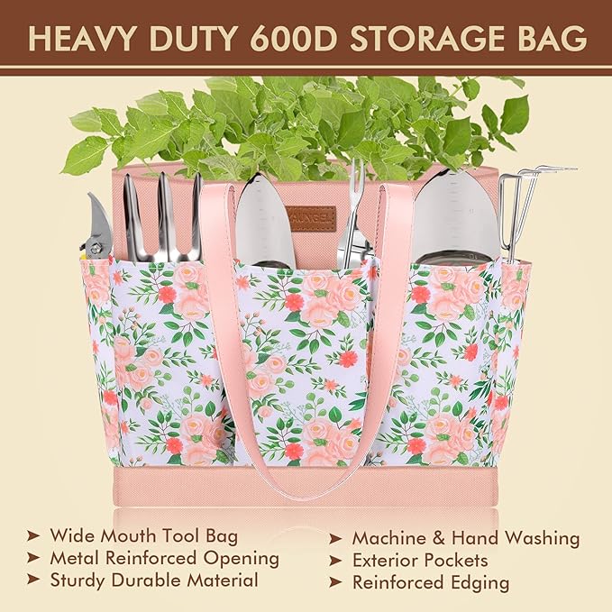 Gardening Tools - YAUNGEL 10 Pcs Garden Tool Set, Heavy Duty Stainless Steel Gardening Supplies Hand Tools with Wooden Handle, Storage Tote Bag, Ideal Gardening Gifts for Women and Men, Pink