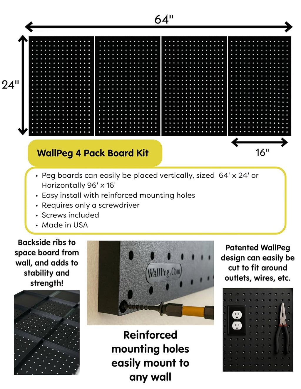 WallPeg Pegboard Kit - 4 Each 24"x16" Peg Board Panels - Made in USA - Mounted Size is 48" x 24" Pegboards Wall Organizer for Walls Home, Garage Tool Storage, Office Organization, Kitchen, Craft Room