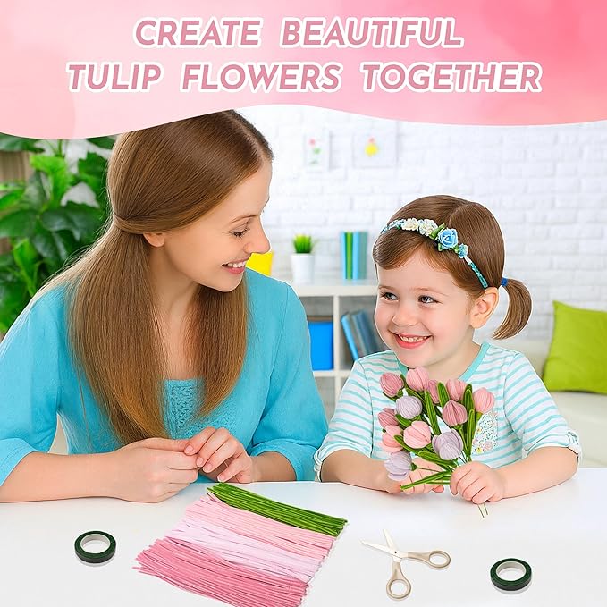 Upgraded 2026 Pipe Cleaners Craft Kit: 400-Piece DIY Flower Making Supplies with Exclusive Color Palette | Includes Chenille Stems, Floral Wire, Gardening Tape, Stamen & Ribbon for Kids Arts & Crafts
