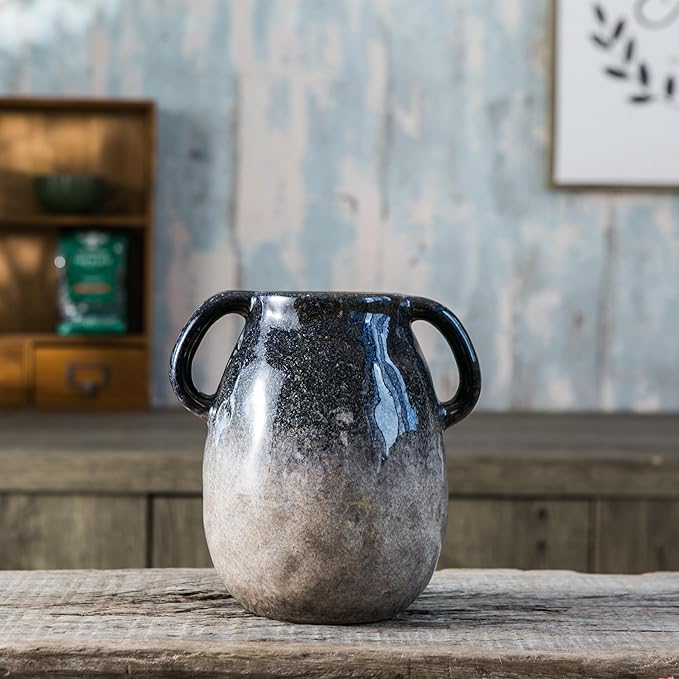 Blue Gradient Ceramic Vase with 2 Handles, Modern Farmhouse Decor, Rustic Terracotta Pottery, Decorative Clay Flower Vase, Centerpiece for Dining Table - 7 Inch