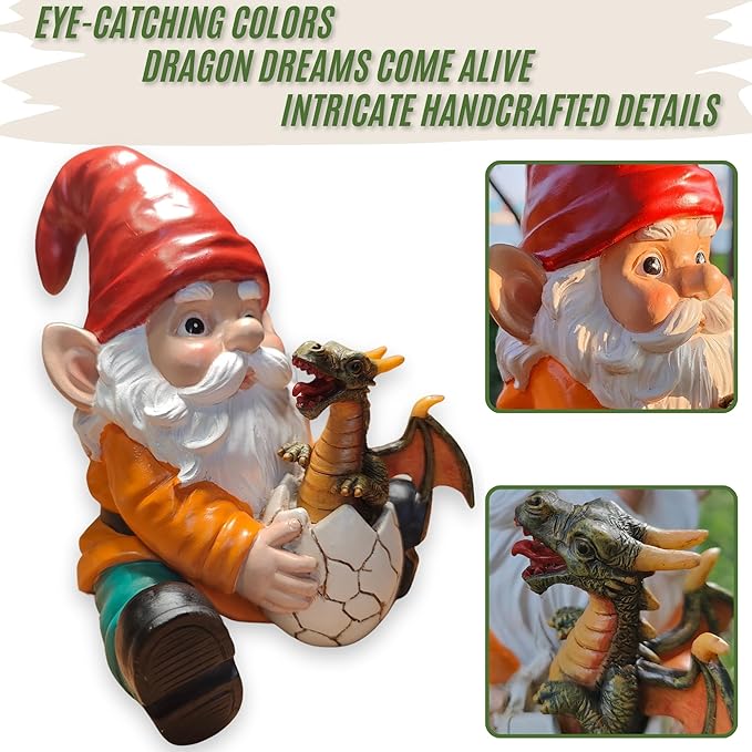 Fantasy Dragon Gnome Garden Statue - 6.8" Weatherproof Resin Garden Gnome with Baby Dragon, Unique Outdoor & Indoor Decor, Handcrafted Yard Art, for Fantasy Lovers & Gardeners