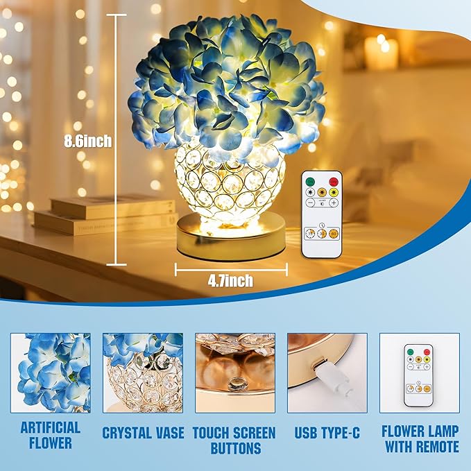 Flower Table Lamp, LED Night Light, 3 Color Modes Artificial Hydrangea Desk Lamp for Bedroom Living Room Decor, Ideal Gifts for Women Mom Wife Friend on Birthday Christmas (Hydrangea-Blue)