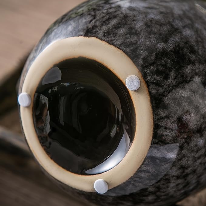 Ceramic Modern Farmhouse Vase with 2 Handles, Black Ceramic Vases for Home Decor, Rustic Pottery Vase, Decorative Terracotta Flower Vase, Boho Clay Vase for Table Living Room Shelf Mantel Decor