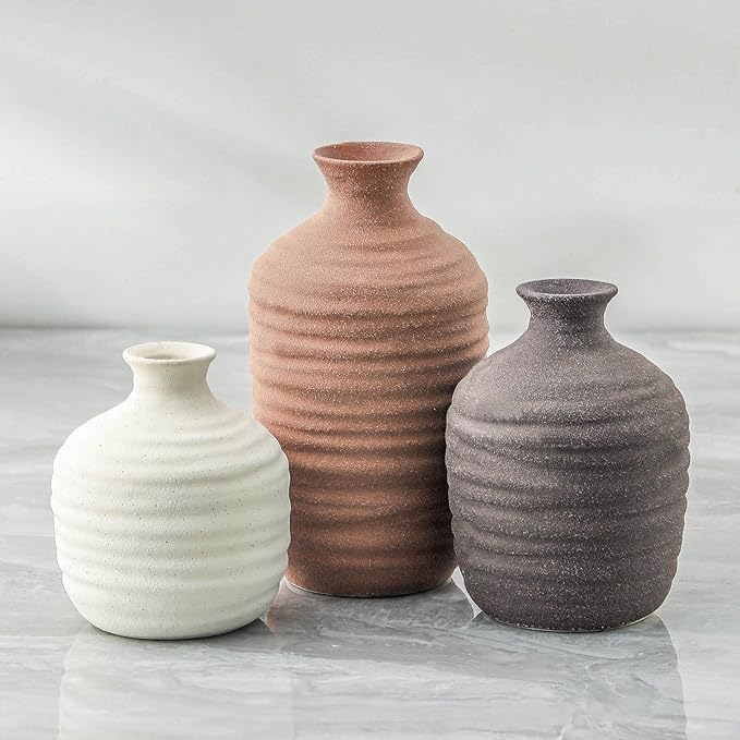 Ceramic Vase Set of 3 Decorative Vase for Home Decor Modern Farmhouse Decor Pottery Neutral Vases for Living Room Bathroom Table Mantel Fireplace Entryway Shelf (02-Brown)