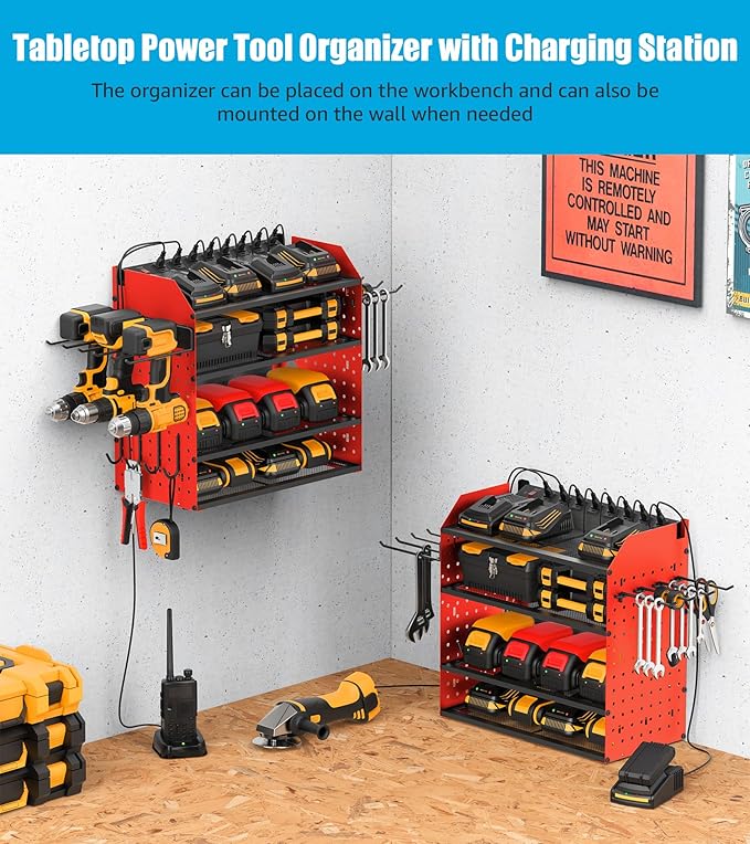 CCCEI Modular Desk Power Tools Organizer with Charging Station, 4 Layer Drills Battery Storage Wall Mount, Garage Shop Organization, Anniversary, Birthday, Gifts for Men, Father, Red, 10FT Cord.