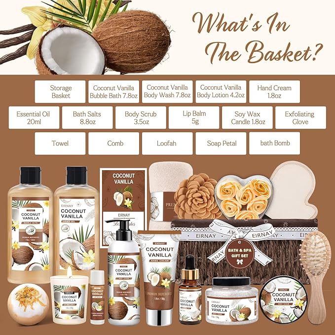 Christmas Gifts For Women - 16 PCS Birthday Gift Basket for Women Set of Coconut Vanilla Self Pampering Set, Includes Luxurious Home Spa Shower Gel Bubble Bath