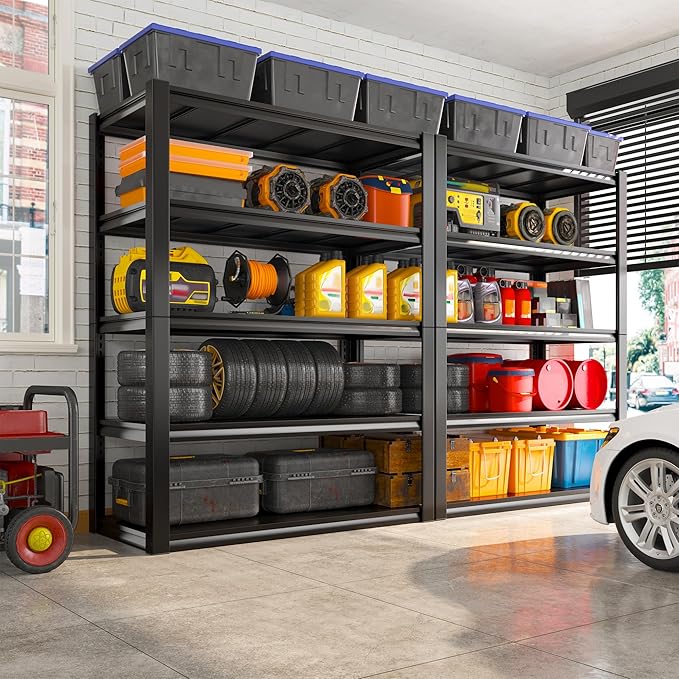 REIBII Garage Shelving Heavy Duty Garage Storage Shelves, Extra Large Adjustable Storage Rack with 5 Tier Metal Shelving Unit, 2500LBS Loads Heavy Duty Shelf, Easy Assembly, 2 Pack