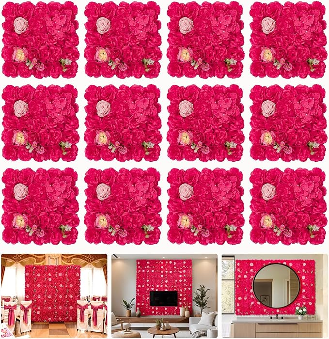 Flower Wall Backdrop 12 pcs 16.5x16.5 Inch Floral Wall Panel Artificial 3D Silk Rose Wall Decor Ideal for Wedding Celebrations, Festive Party Backdrops, and Home Decor-Rose Red