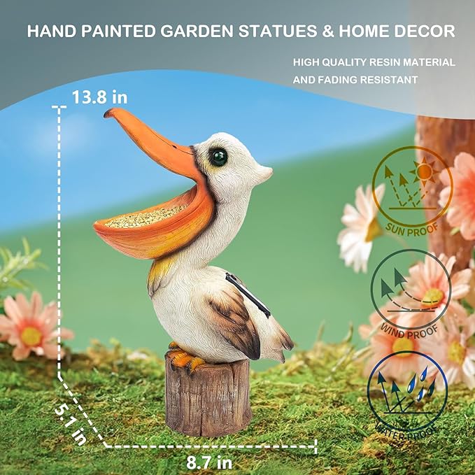 Elenon Garden Pelican Decor Solar Lights, Solar Pelican Garden Figurines Outdoor Decorative, Solar Yard Art Garden Sculptures & Statues for Patio Yard Pathway