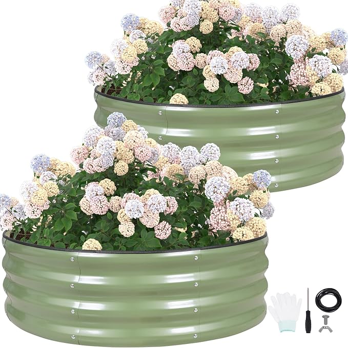 G GOOD GAIN Round Raised Garden Bed - 2Pcs 3x3x1ft Galvanized Steel Planter Boxes Outdoor with Rubber Edge Trim | Metal Raised Beds for Gardening Vegetables Flowers Fruits Herbs (Olive Green)