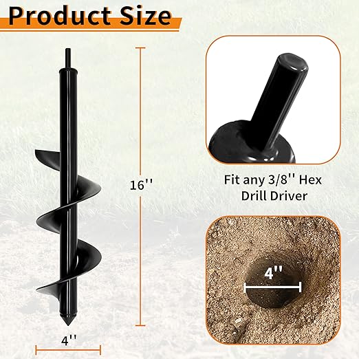 4 x 16 Inch Auger Drill Bit for Planting–Garden Spiral Hole Drill Planter for Bulbs, Bedding Plants & Umbrella Holes|3/8" Hex Drive|The Ultimate Bulb Planter Tool for Cordless Drill