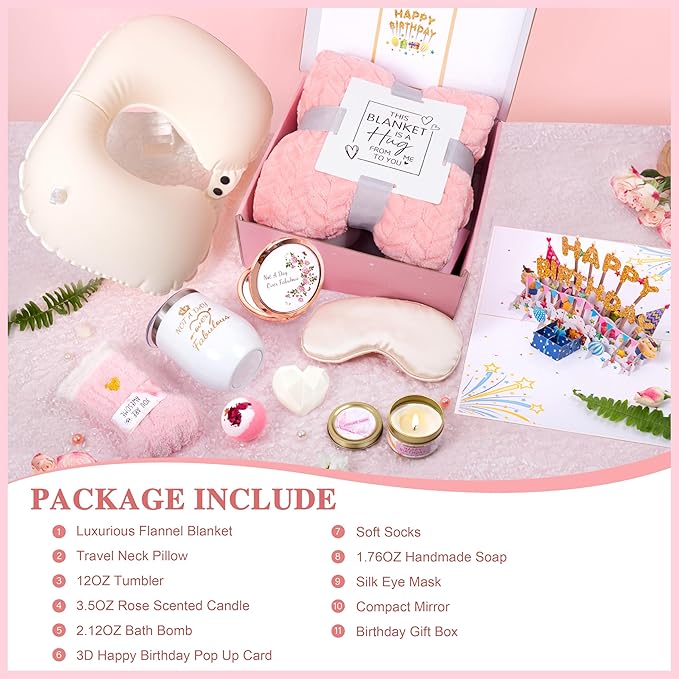 Birthday Gifts for Women, Unique Spa Birthday Gift Basket with Blanket for Women - Happy Birthday Gifts for Her, Mom, Sister, Teacher, Girlfriend, Coworker, Wife, Bestie, BFF