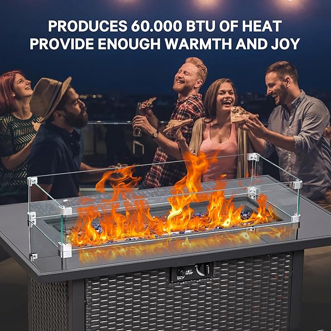 5 Piece Patio Furniture Set with 43" Propane Fire Pit Table, Outdoor Wicker Conversation Set, Rattan Modern Sectional Sofa Couch with Coffee Table for Backyard Porch Garden Poolside, Black-Beige